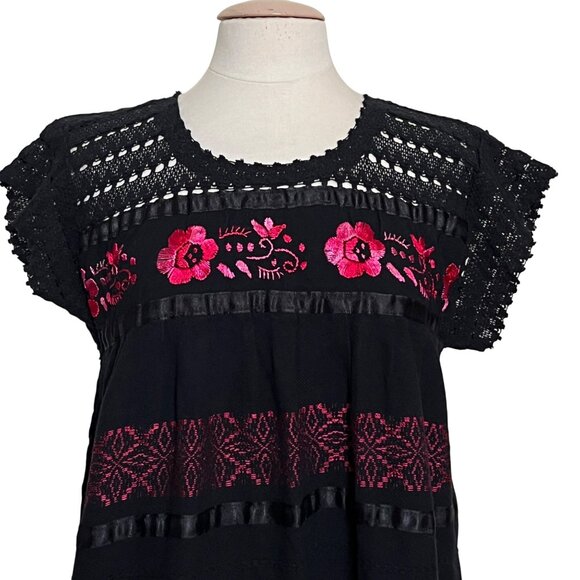 Ethnic Floral Embroidered Dress Small Black Pink Floral Crochet Boho Hippie - Picture 2 of 8